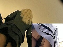 Tights up neat golden-haired's skirts