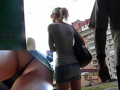 Charming golden-haired in outdoor upskirt vid