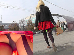 XXX upskirt  with skinny blonde who wears a-line skirt