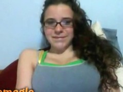 Cute nerdy girl with glasses rubs her hairy pussy on omegle