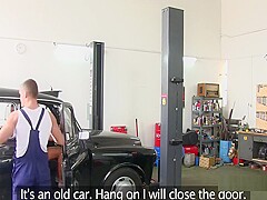 Auto Mechanic in the Garage Fuck Clients Brunette