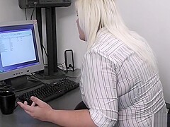 Blonde secretary gives titjob and rides cock