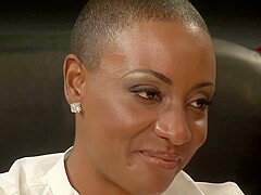 Busty black babe with bald head likes the way her white employee is fucking her brains out
